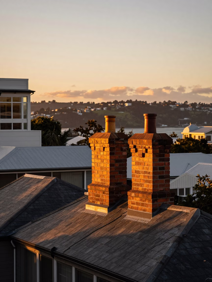 Golden Hour Light Falls On Wellington Rooftops And Chimney Pots in in Wellington, New Zealand