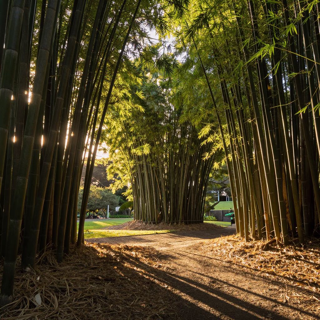 Golden Hour Light Filtering Through Bamboo Forest in Wellington New Zealand Scenic View in in Wellington, New Zealand