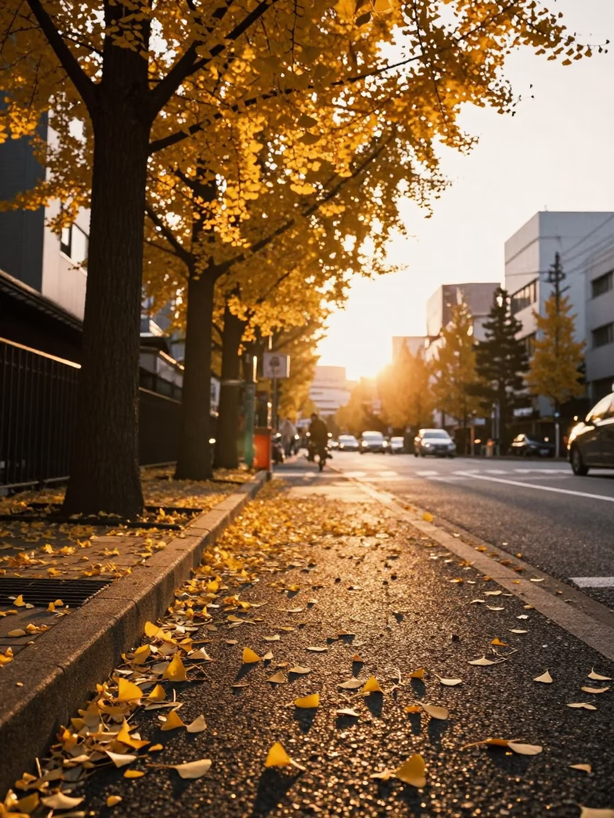 Golden Hour Light Filtering Through Ginkgo Leaves in Tokyo Japan Street Scene in in Tokyo, Japan