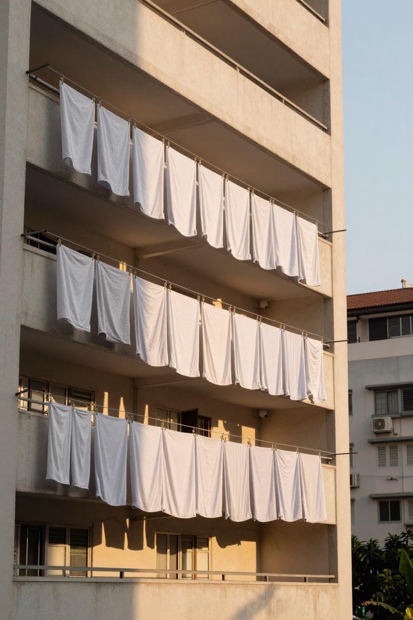 Golden Hour Light Filters Through HDB Balcony Laundry Lines in Singapore Housing Estate in in Singapore, Singapore