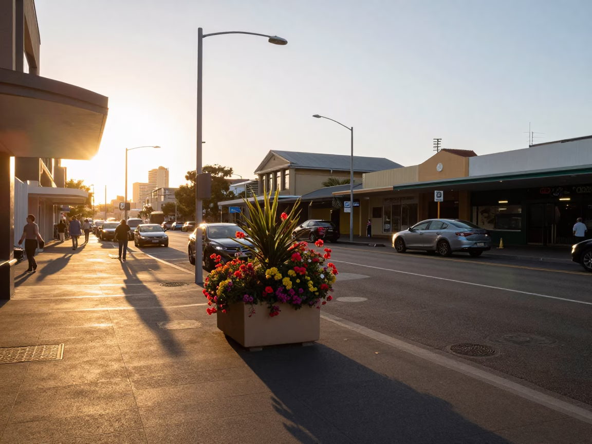 Golden Hour Light Illuminates Busy Perth Street Scene with Local Flora and Urban Architecture in in Perth, Western Australia, Australia