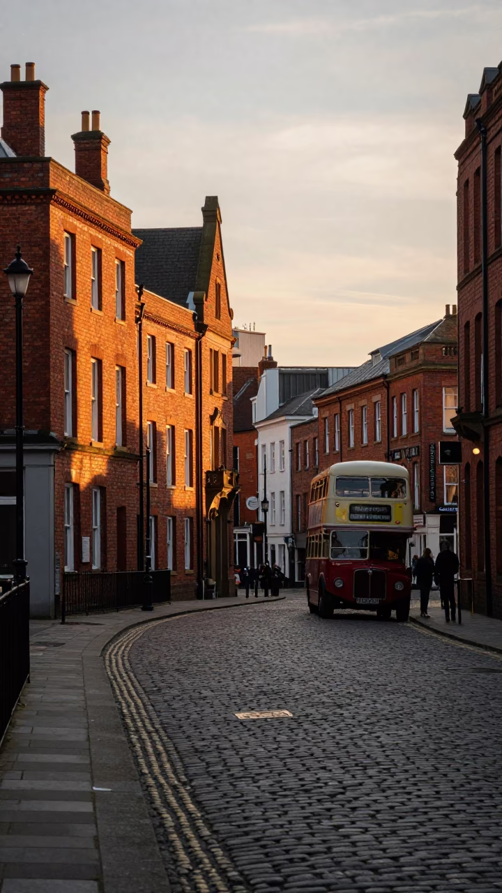 Golden Hour Light Illuminates Historic Liverpool Brickwork and Cobblestone Street Scene in in Liverpool, United Kingdom