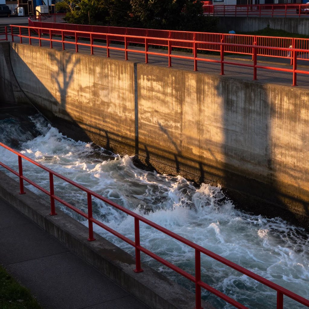 Golden Hour Light Illuminates Industrial Spillway and Red Railings in Portland Oregon in in Portland, Oregon, United States