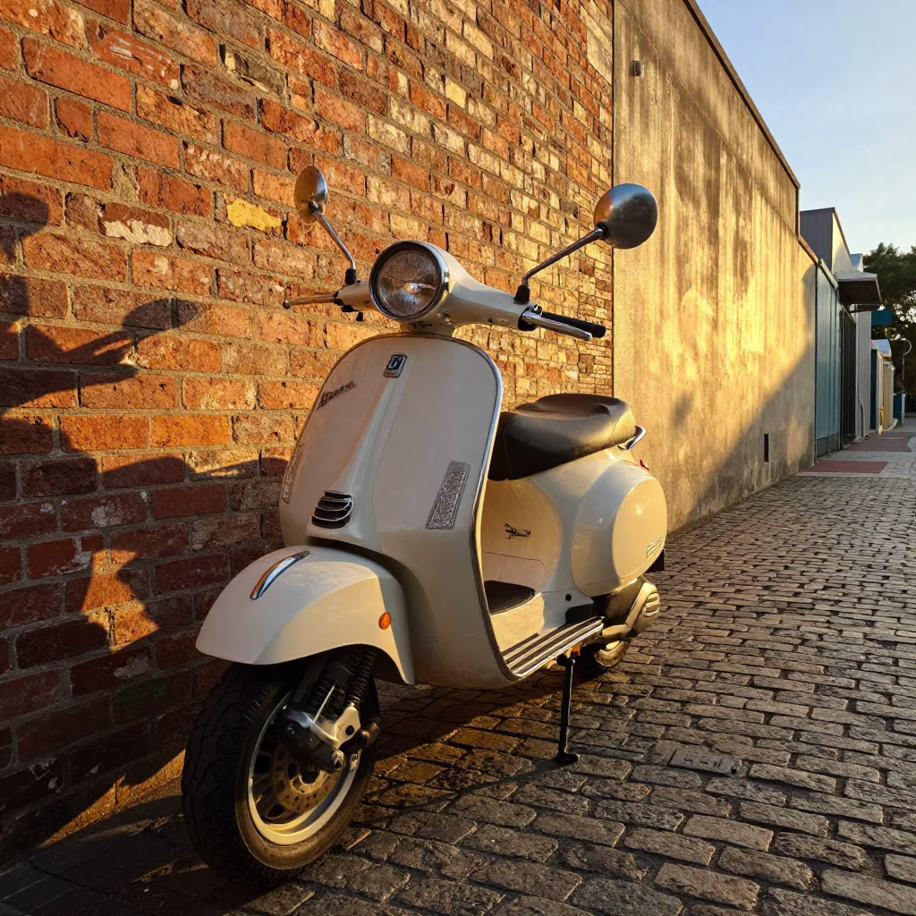 Golden Hour Light Illuminates Vintage Vespa on Cobblestone Lane in Perth Western Australia in in Perth, Western Australia, Australia