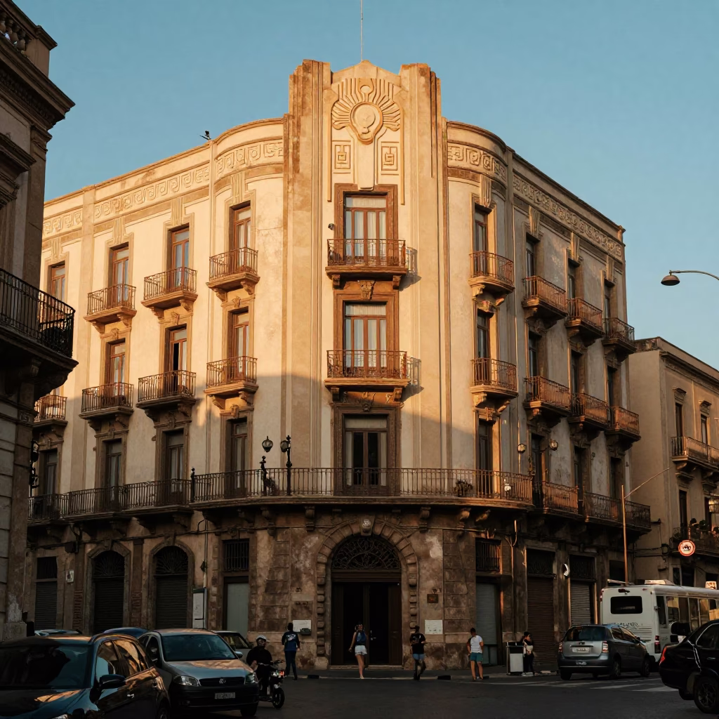 Golden Hour Light Illuminating Art Deco Palermo Facade with Busy Street Scene in in Palermo, Italy