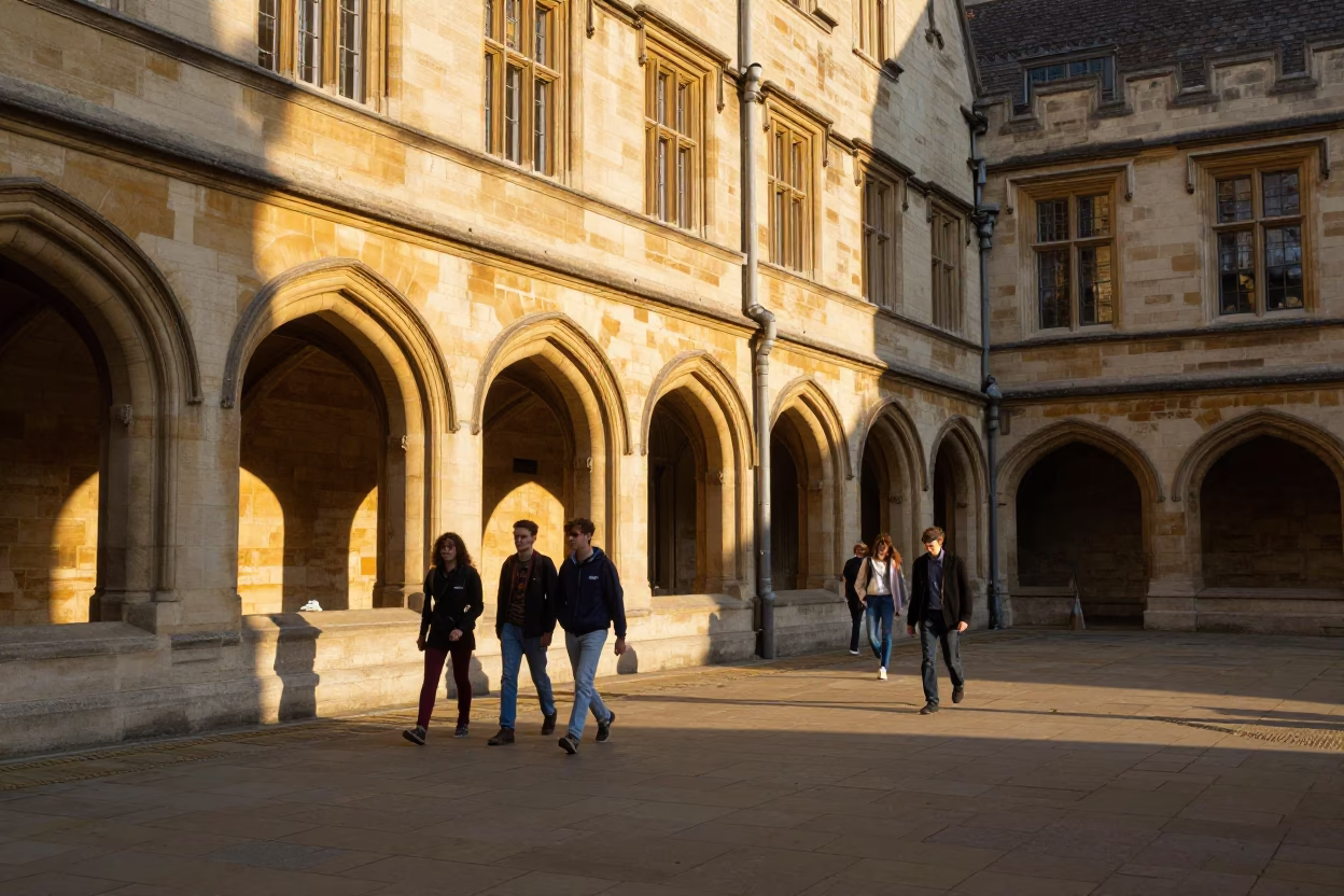 Golden Hour Light Illuminating Brussels University Cloister Walkway Between Historic Stone Buildings in in Brussels, Belgium