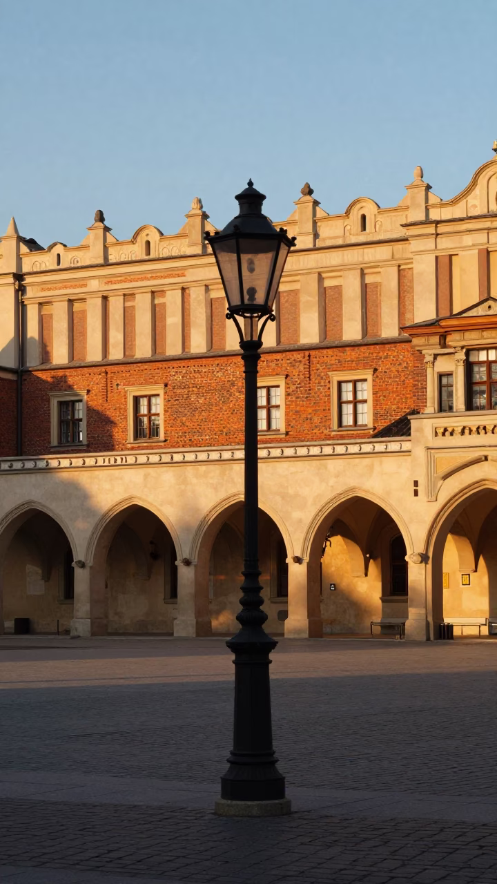 Golden Hour Light Illuminating Historic Brick Architecture and Street Lamp in Krakow Poland in in Krakow, Poland