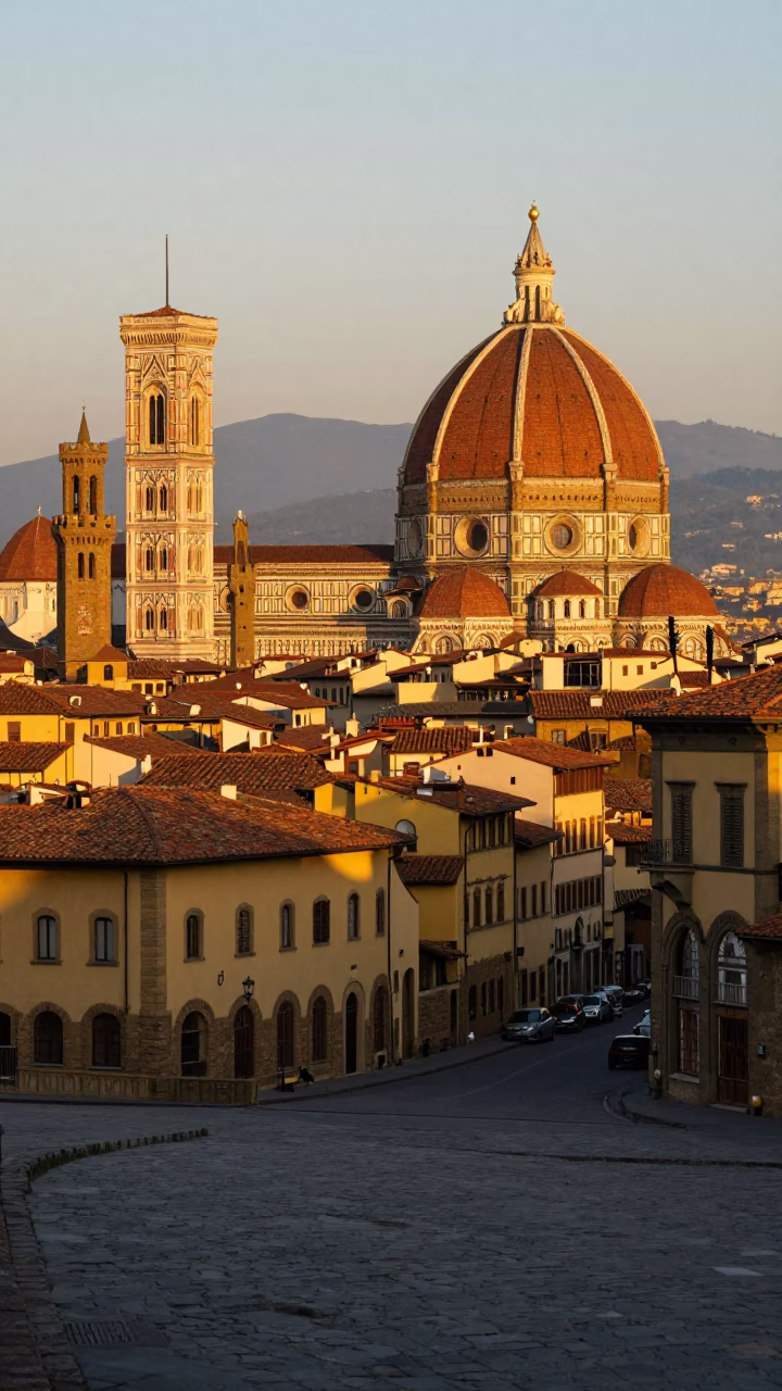 Golden Hour Light Illuminating Historic Florentine Architecture and Cobblestone Street Scene in in Florence, Italy