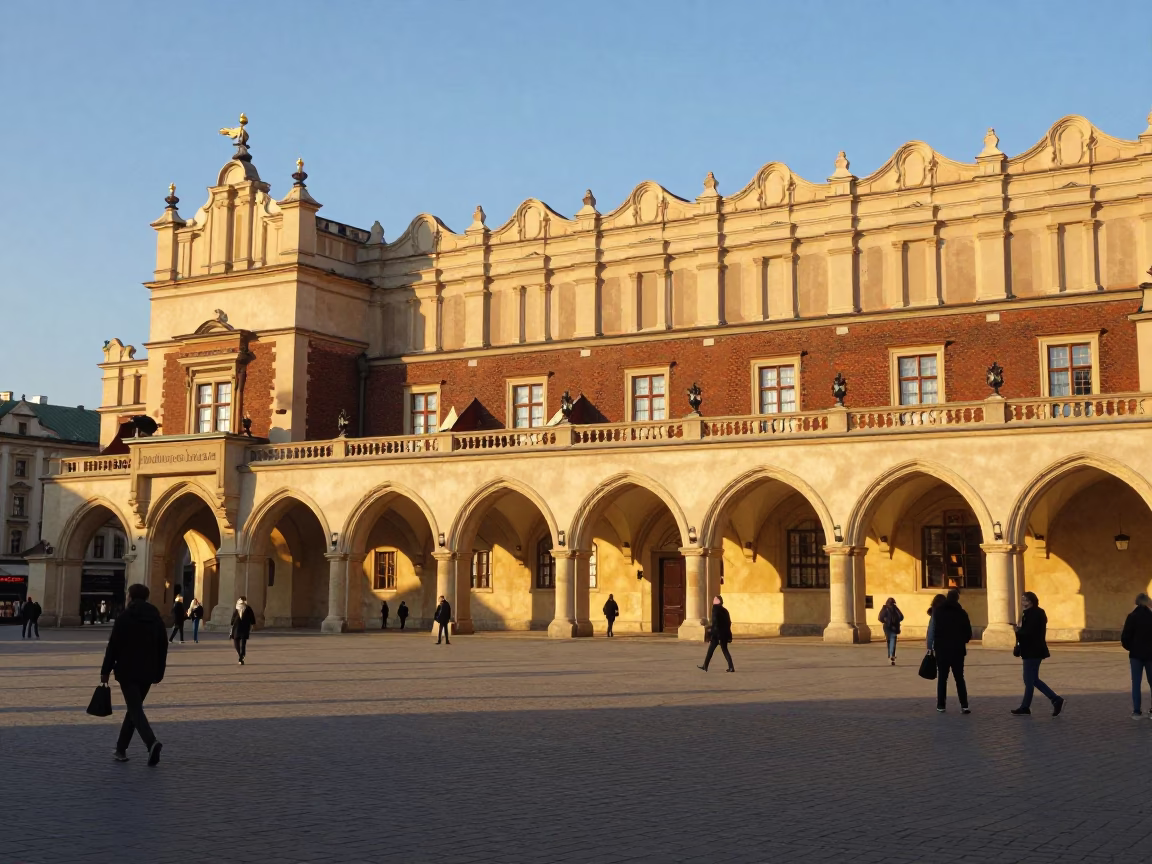 Golden Hour Light Illuminating Historic Sukiennice Square Facades and Pedestrians in Krakow Poland in in Krakow, Poland