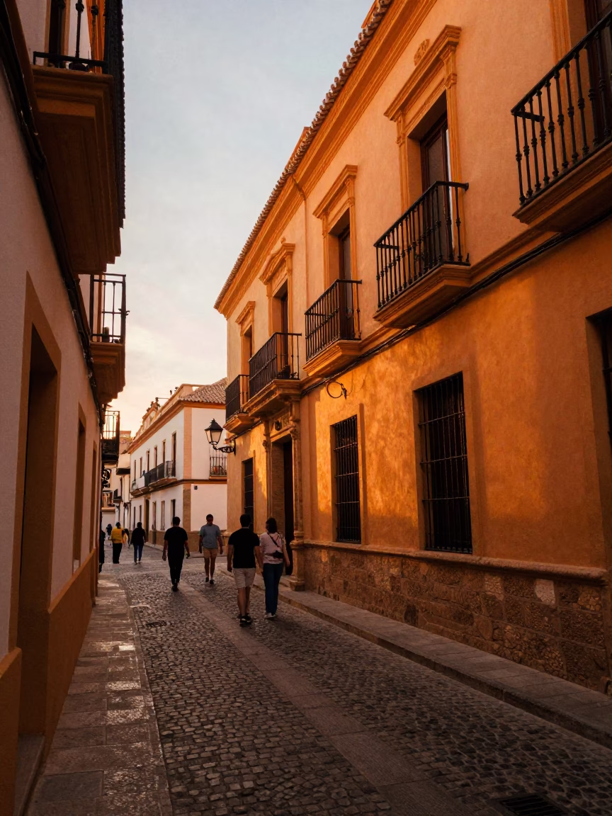 Golden Hour Light Illuminating Historic Valencia Spain Street Scene with Local Life and Architecture in in Valencia, Spain