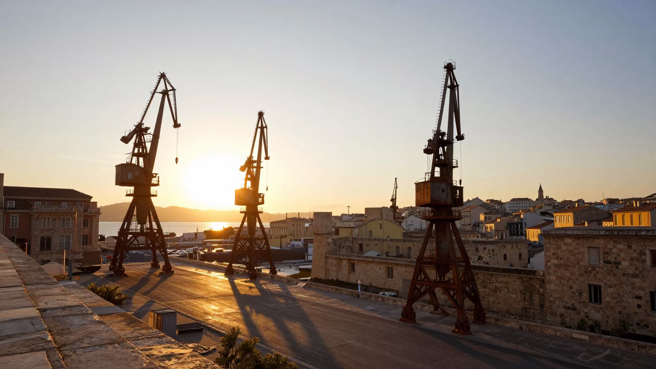 Golden Hour Light Illuminating Marseille Port Cranes and Historic Old Town Architecture in in Marseille, France