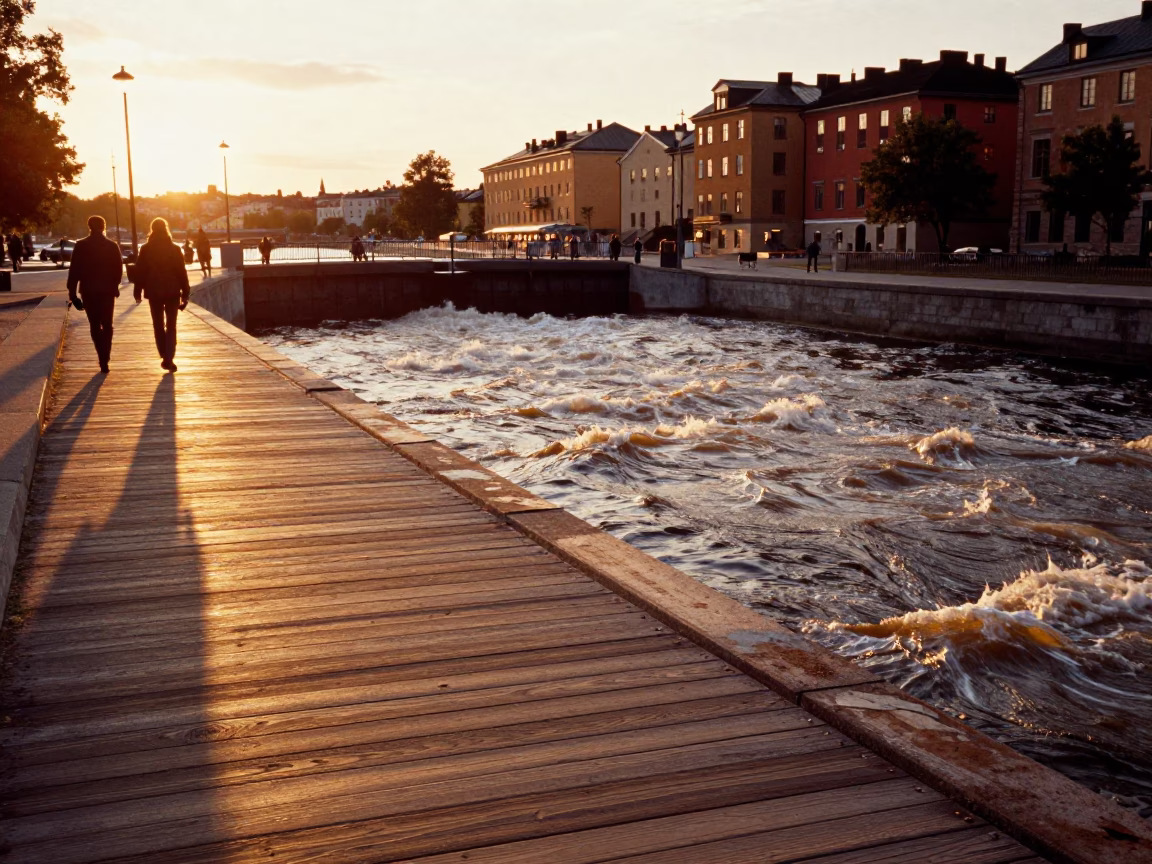 Golden Hour Light Illuminating Stockholm Sluice Gate Walkway and Tea-Colored River Foam in in Stockholm, Sweden