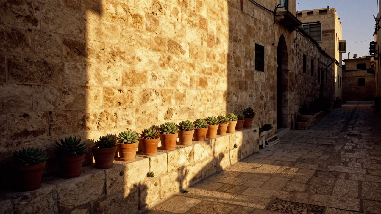 Golden Hour Light Illuminating Stone Alleyway and Succulents in Old Amman Jordan in in Amman, Jordan