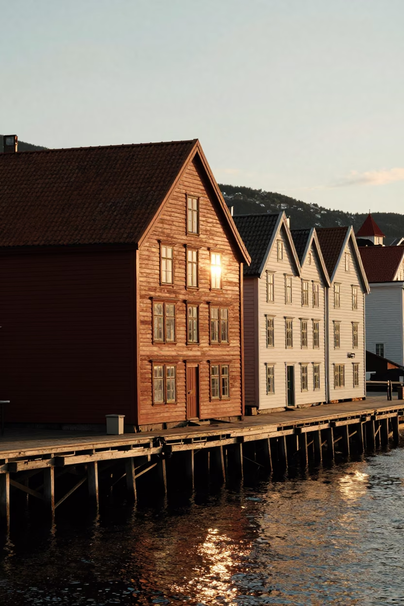 Golden Hour Light Illuminating Traditional Bryghan Wooden Wharf Houses in Bergen Norway in in Bergen, Norway