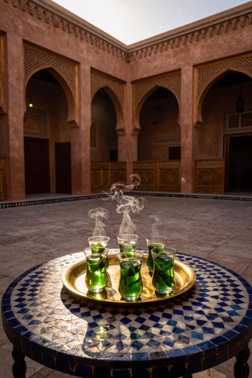 Golden Hour Light Illuminating Traditional Mint Tea Service in Marrakech Medina Courtyard in in Marrakech, Morocco