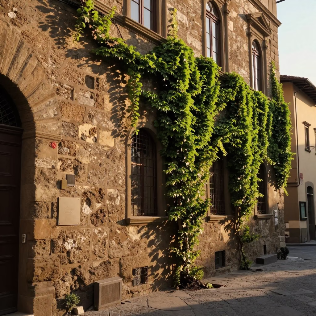 Golden Hour Light Illuminating Weathered Stone and Ivy in Historic Florence Italy in in Florence, Italy