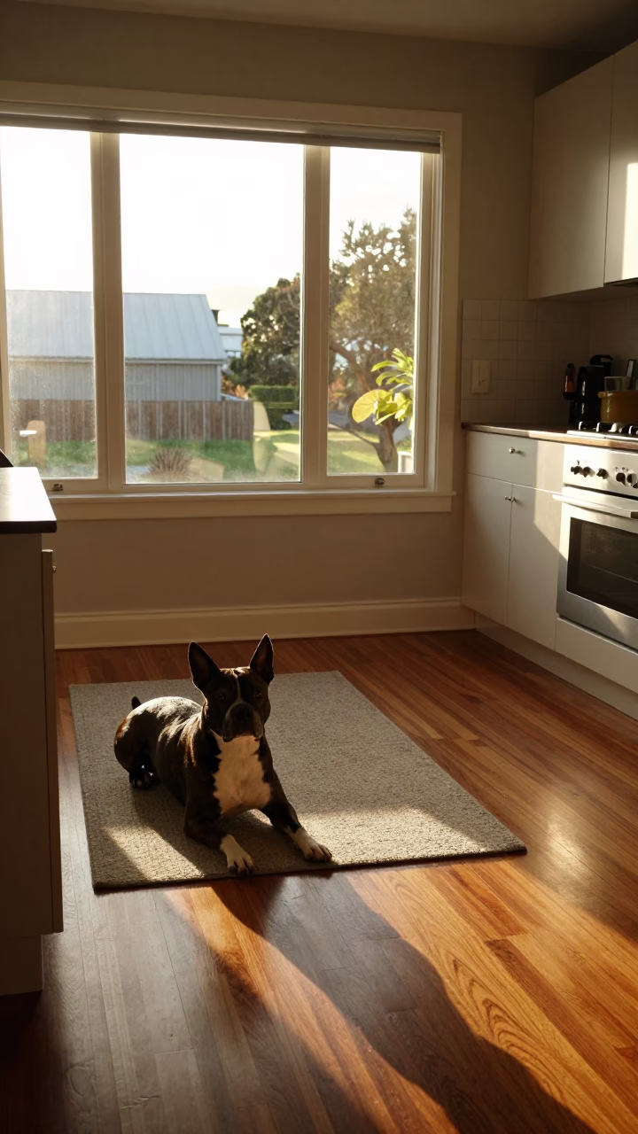Golden Hour Light in Christchurch Kitchen with Brazilian Terrier and Papayas in in Christchurch, New Zealand