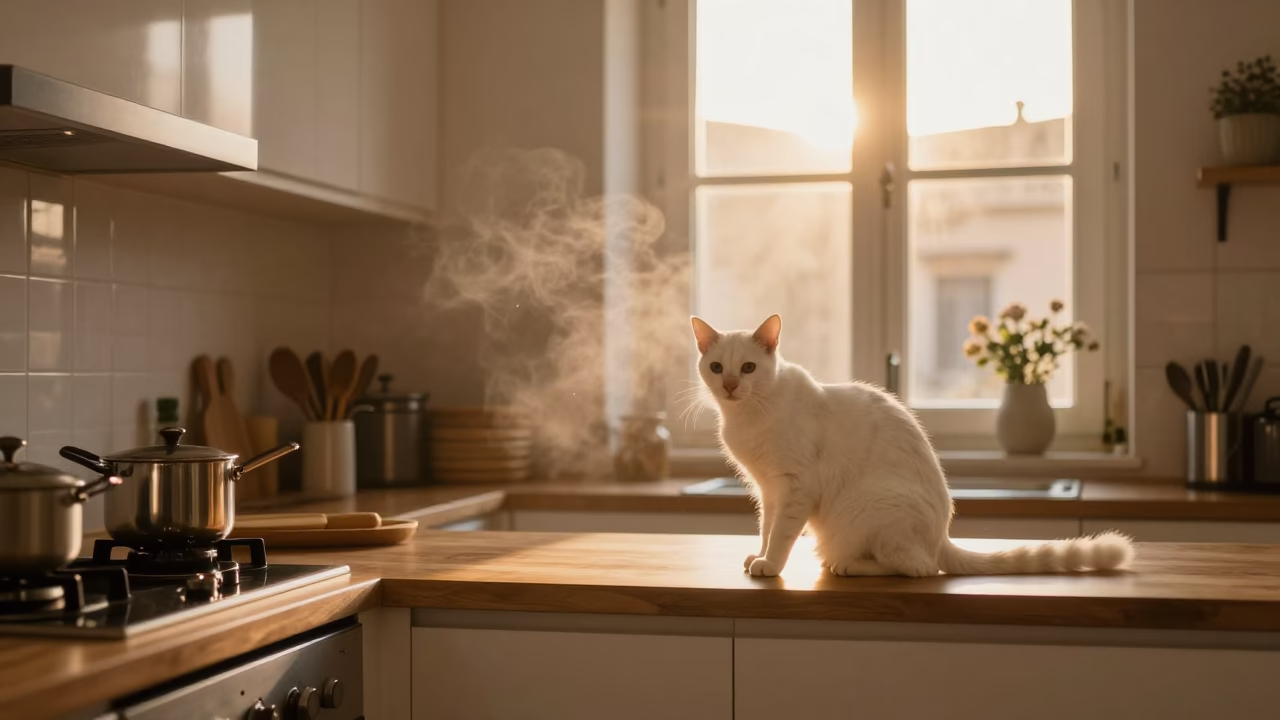 Golden Hour Light in Palermo Kitchen with Cat and Steam Haze in in Palermo, Italy
