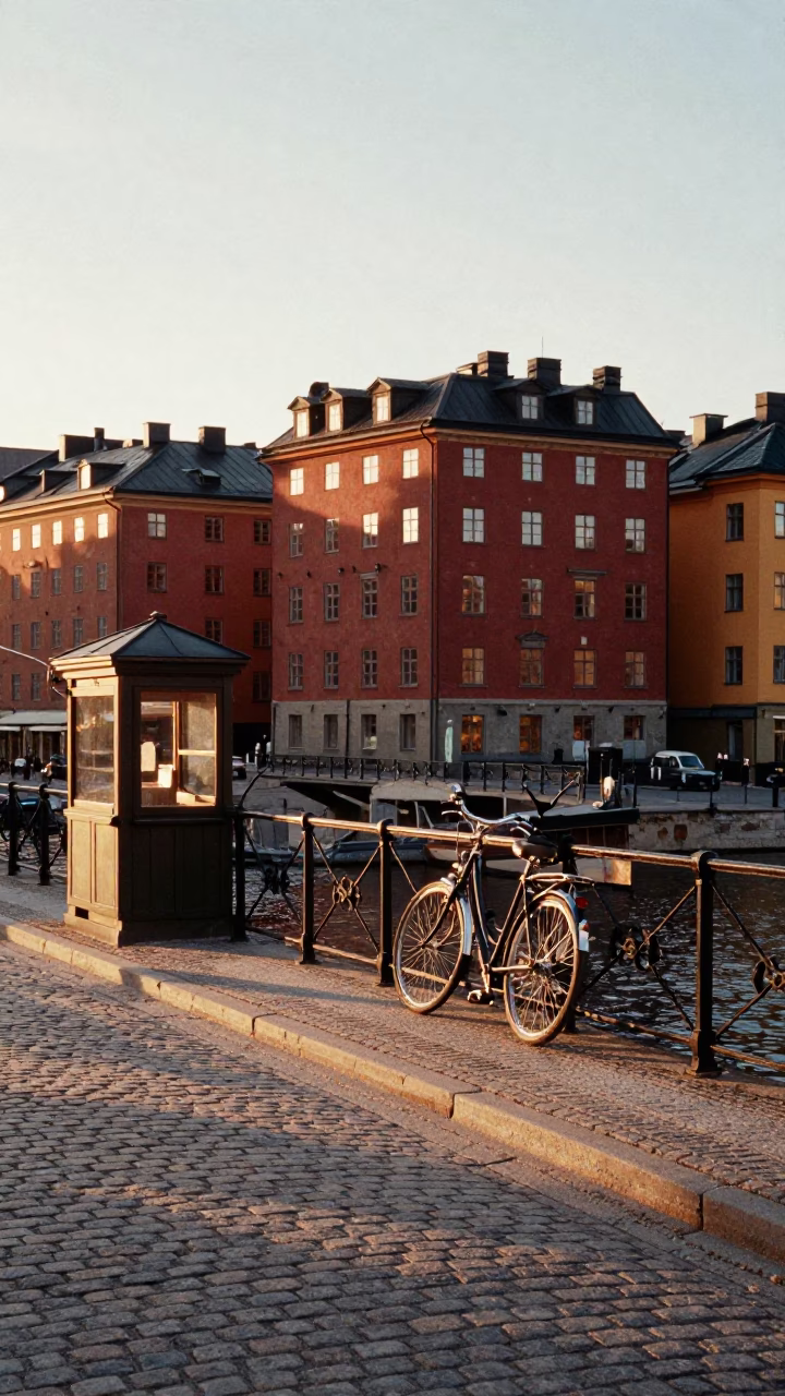 Golden Hour Light in Stockholm Sweden Street Scene with Vintage Details in in Stockholm, Sweden
