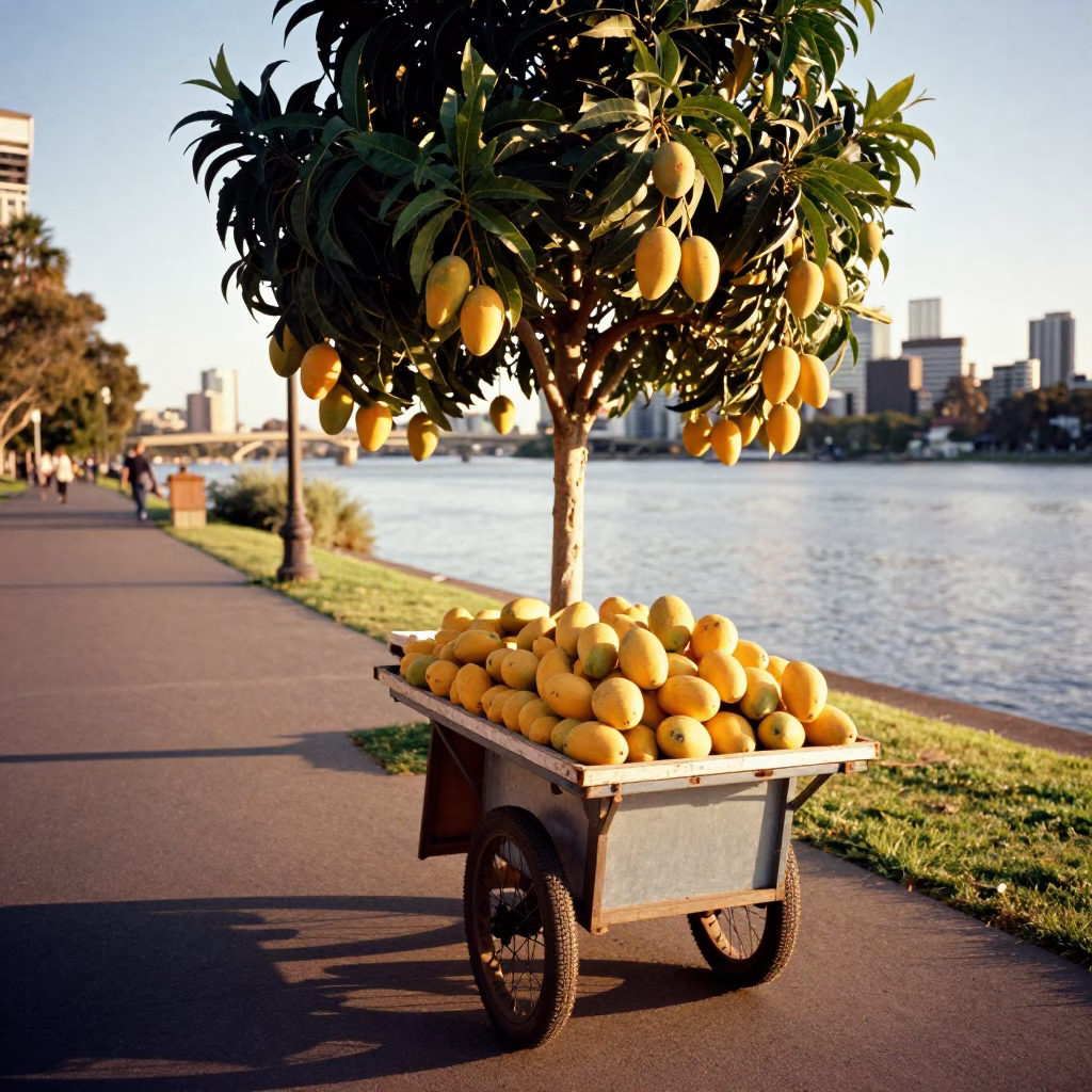 Golden Hour Light on Adelaide Riverbank Promenade with Mangoes and Local Street Life in in Adelaide, South Australia, Australia