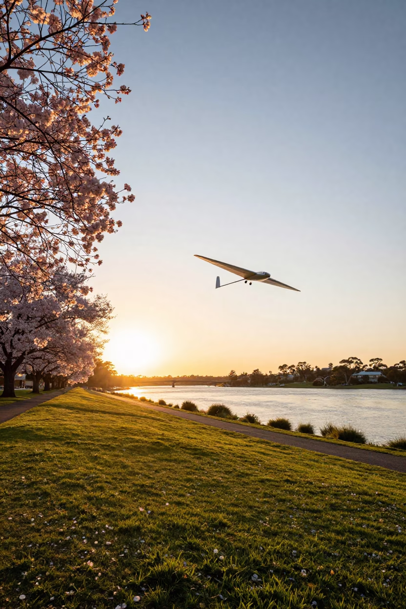 Golden Hour Light on Adelaide Riverbank with Glider and Cherry Blossoms in in Adelaide, South Australia, Australia