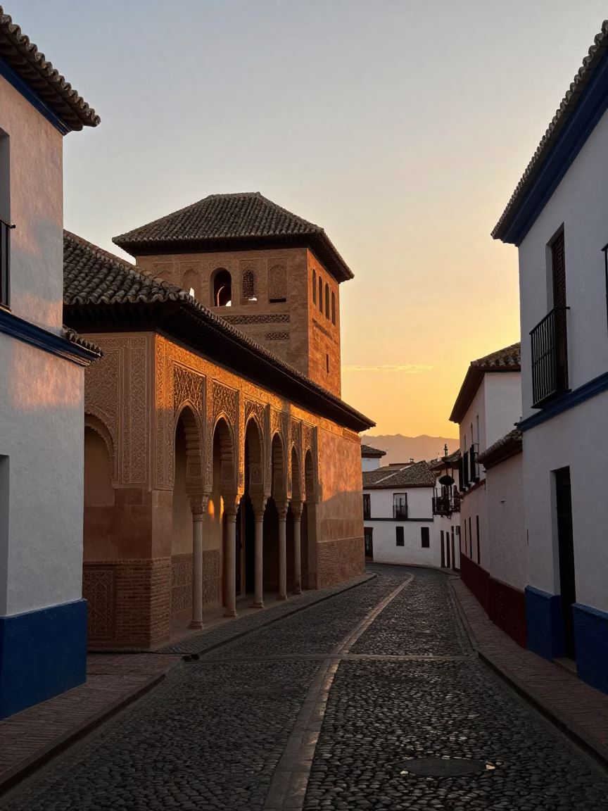 Golden Hour Light on Alhambra Walls and Street Life in Granada Spain in in Granada, Spain