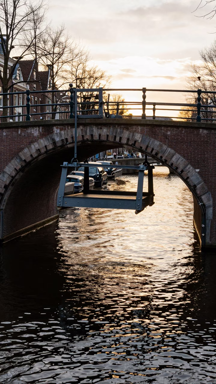 Golden Hour Light on Amsterdam Canal Bridge Maintenance Cradle and Historic Brick Architecture in in Amsterdam, Netherlands