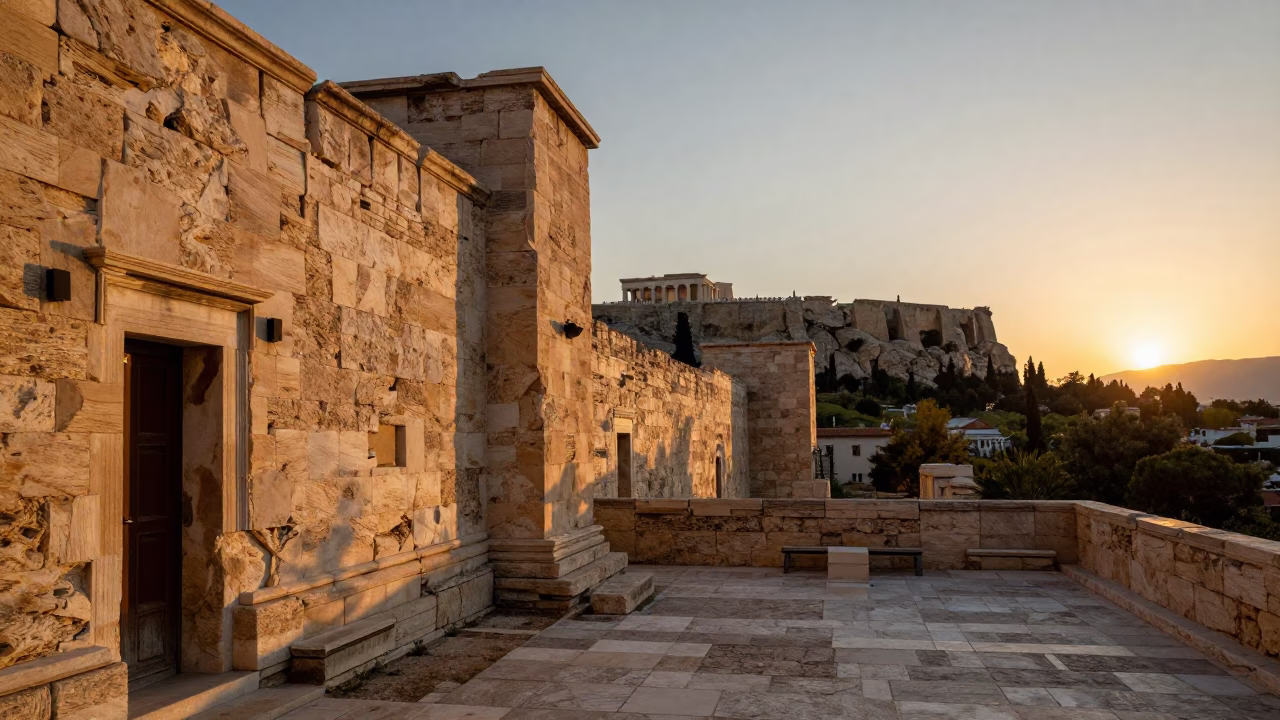 Golden Hour Light on Ancient Athens Stone Walls with Condensation on a Ceramic Basin in in Athens, Greece