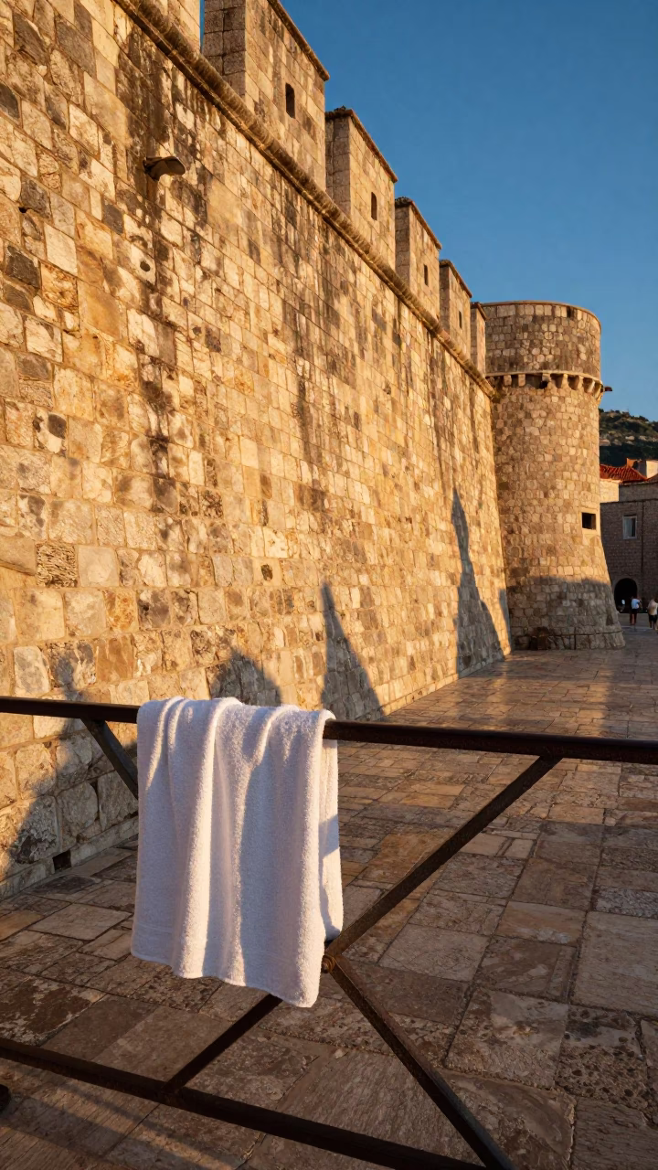 Golden Hour Light on Ancient Dubrovnik Stone Walls with Towel Draped Over Iron Rail in in Dubrovnik, Croatia