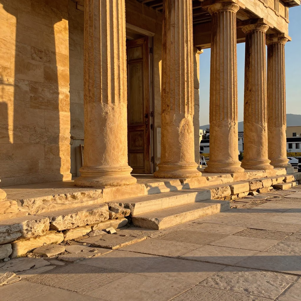 Golden Hour Light on Ancient Greek Columns in Athens Street Scene in in Athens, Greece