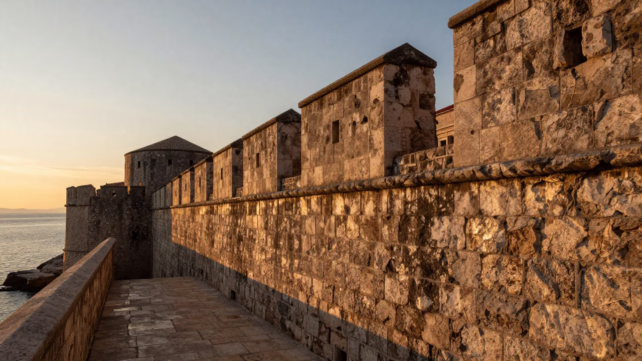 Golden Hour Light on Ancient Stone Walls in Dubrovnik Croatia at Sunset in in Dubrovnik, Croatia