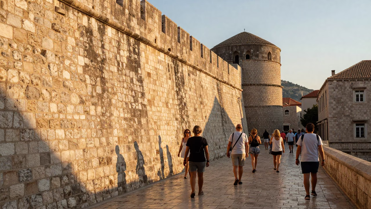 Golden Hour Light on Ancient Stone Walls in Dubrovnik Croatia with Local Street Life in in Dubrovnik, Croatia