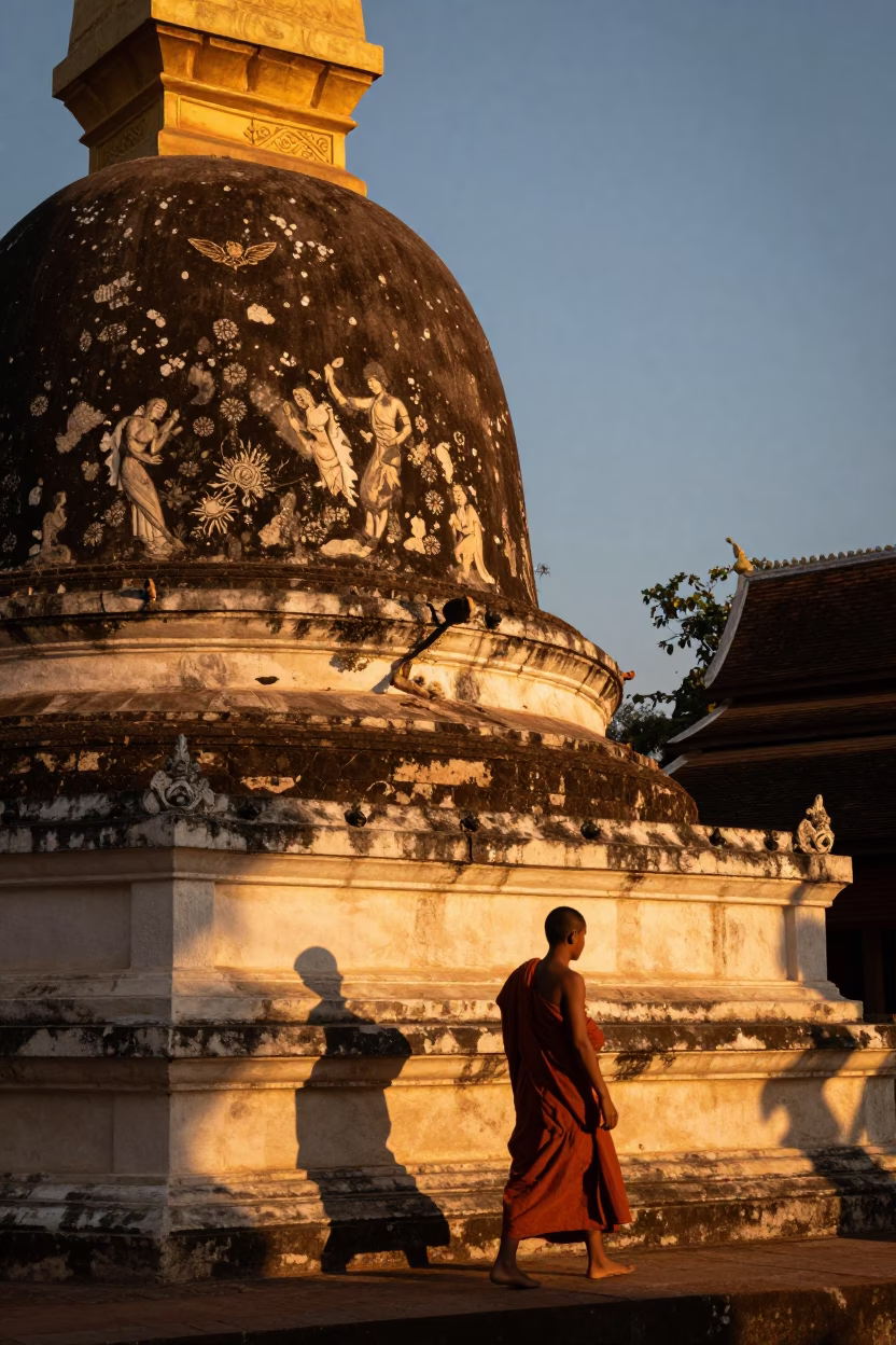 Golden Hour Light on Ancient Temple Stupas in Luang Prabang Laos in in Luang Prabang, Laos