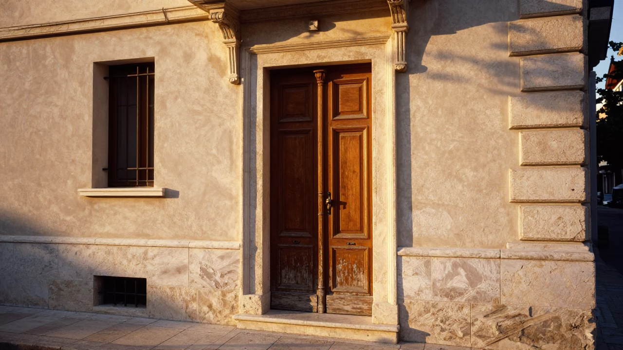 Golden Hour Light on Athens Stone Facades with Traditional Door Latch Detail in in Athens, Greece