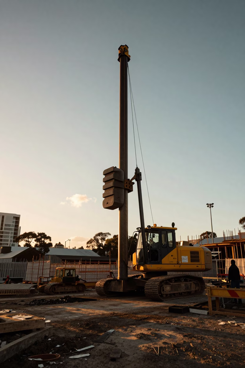 Golden Hour Light on Auckland Construction Site with Pile Driver and Urban Background in in Auckland, New Zealand