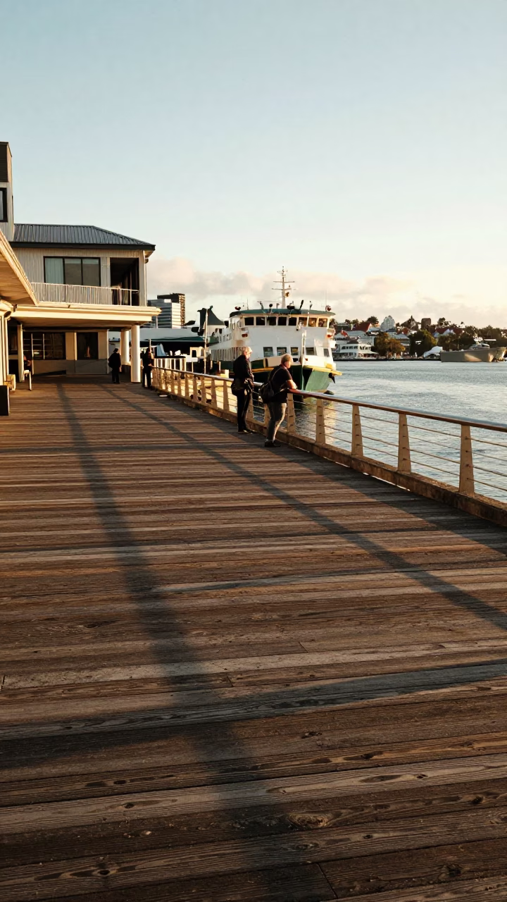 Golden Hour Light on Auckland Ferry Terminal Wharf with Maritime Details in in Auckland, New Zealand