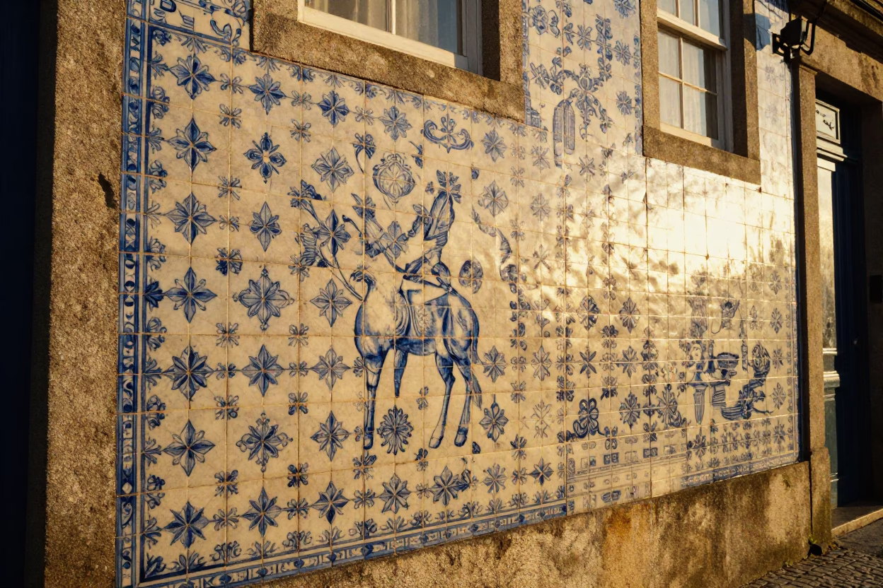 Golden Hour Light on Azulejo Tiles in Historic Porto Portugal Street Scene in in Porto, Portugal