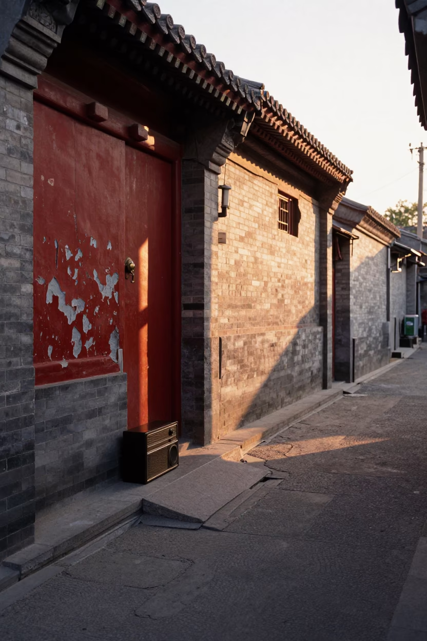 Golden Hour Light on Beijing Hutong Alleyway with Vintage Radio and Ceramic Bowl in in Beijing, China