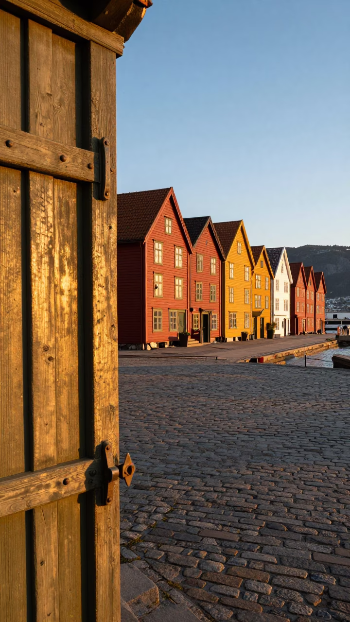 Golden Hour Light on Bergen Bryggen Wharf with Wooden Latch Detail in in Bergen, Norway