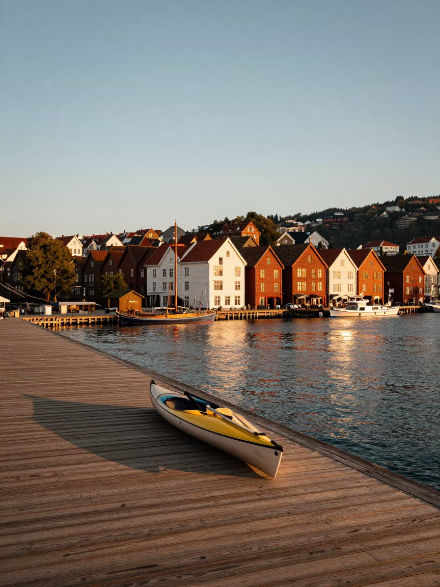 Golden Hour Light on Bergen Norway Harbor with Historic Bryggen Wharf and Fishing Kayak in in Bergen, Norway