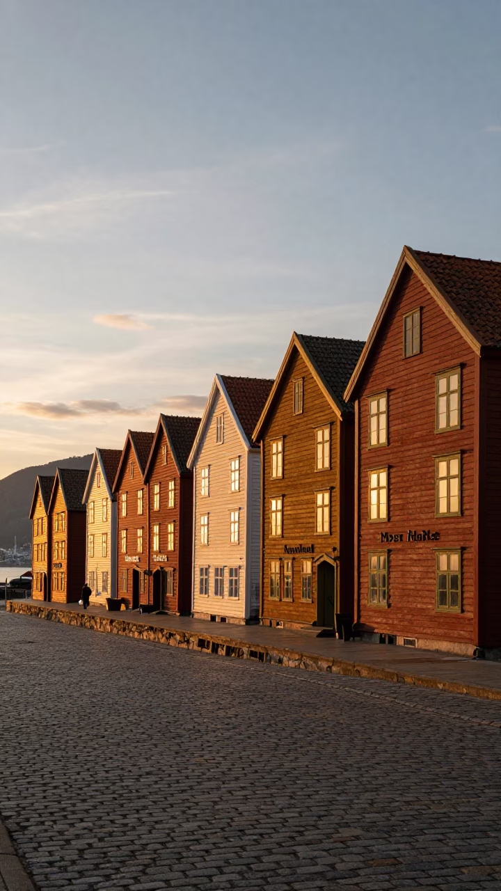 Golden Hour Light on Bergen Norway Historic Bryggen Wharf Buildings and Harbor Activity in in Bergen, Norway