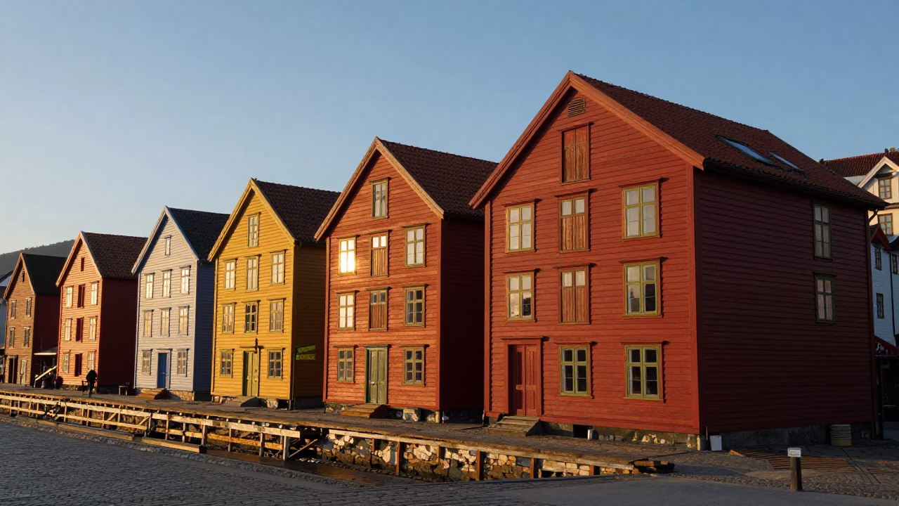 Golden Hour Light on Bergen Norway Historic Bryghan Wharf Buildings in in Bergen, Norway