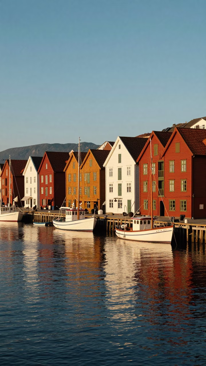 Golden Hour Light on Bergen Wharf Colorful Wharves and Wooden Boats in in Bergen, Norway