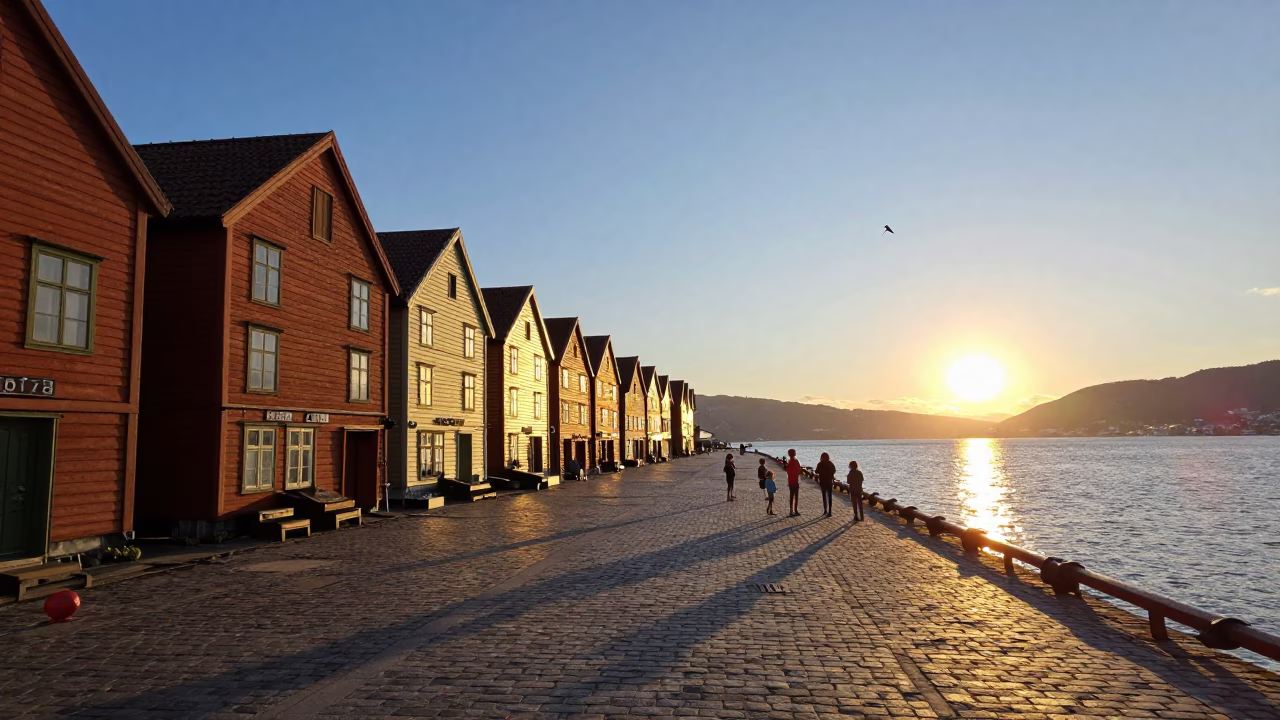 Golden hour light on Bergen wharf with kites and peg rails in in Bergen, Norway
