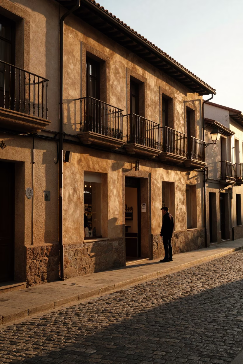 Golden hour light on Bilbao streets with nickel latch and linen details in in Bilbao, Spain