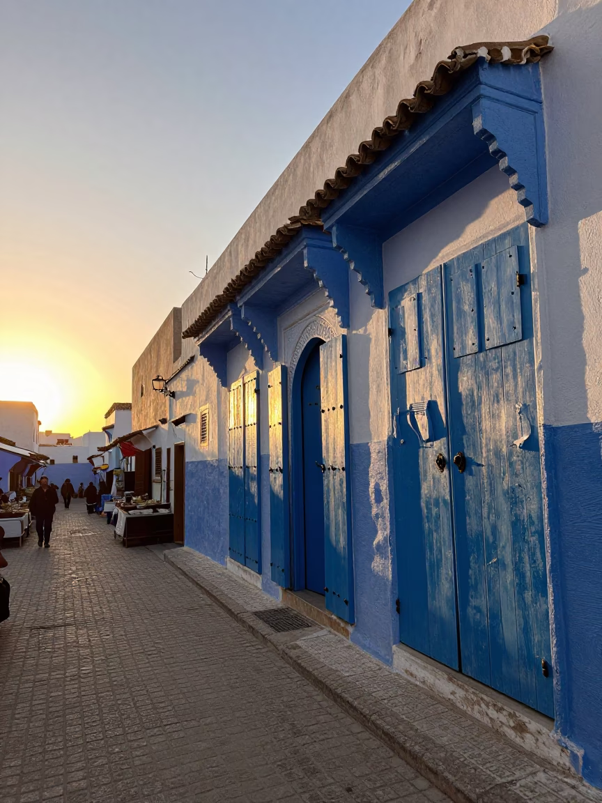 Golden Hour Light on Blue Doors and Market Basket in Essaouira Morocco in in Essaouira, Morocco