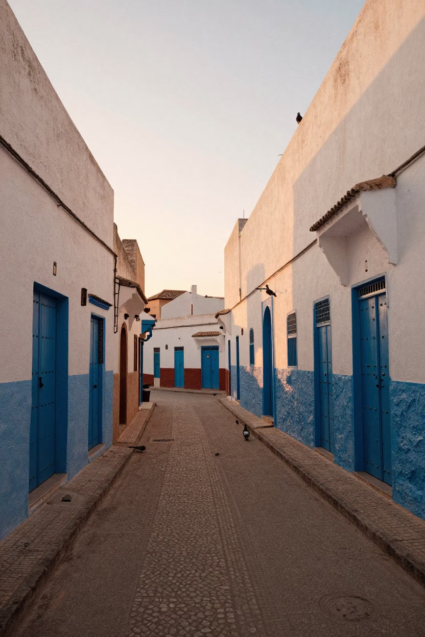 Golden Hour Light on Blue Doors and Pigeons in Essaouira Morocco in in Essaouira, Morocco