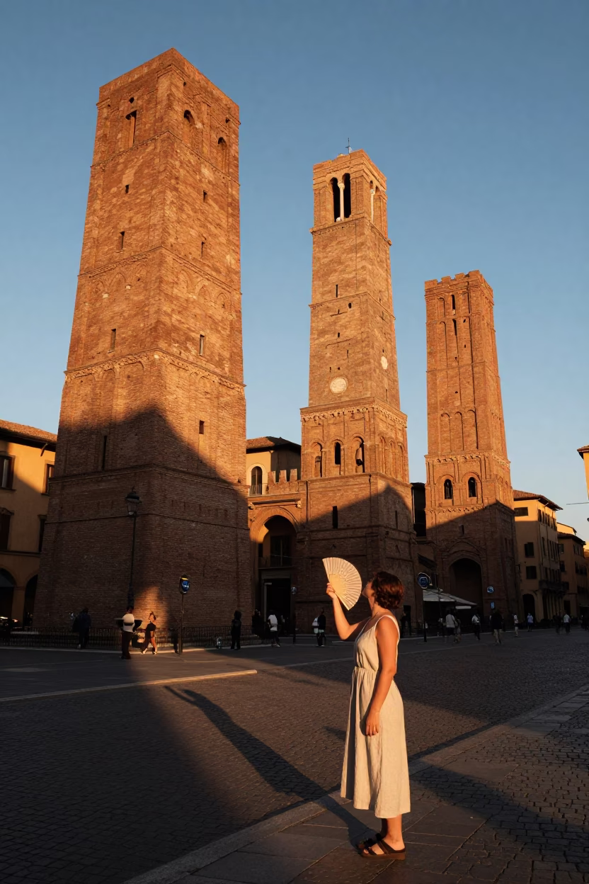 Golden hour light on Bologna brick towers and street life in in Bologna, Italy