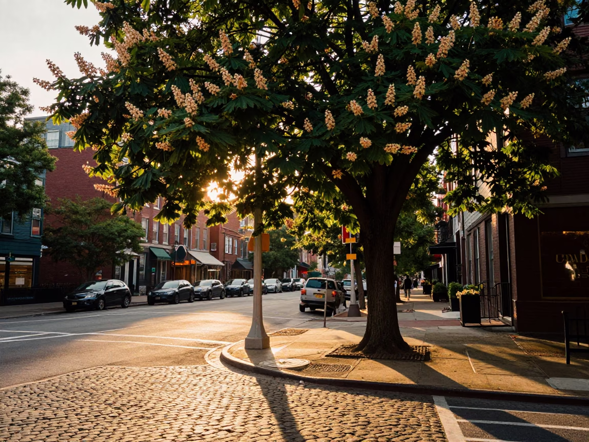 Golden Hour Light on Boston Street Corner with Chestnut Tree and Spiky Husks in in Boston, Massachusetts, United States