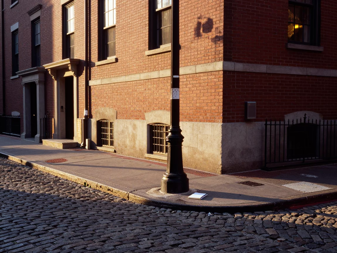 Golden Hour Light on Boston Street Corner with Notebook and Urban Details in in Boston, Massachusetts, United States